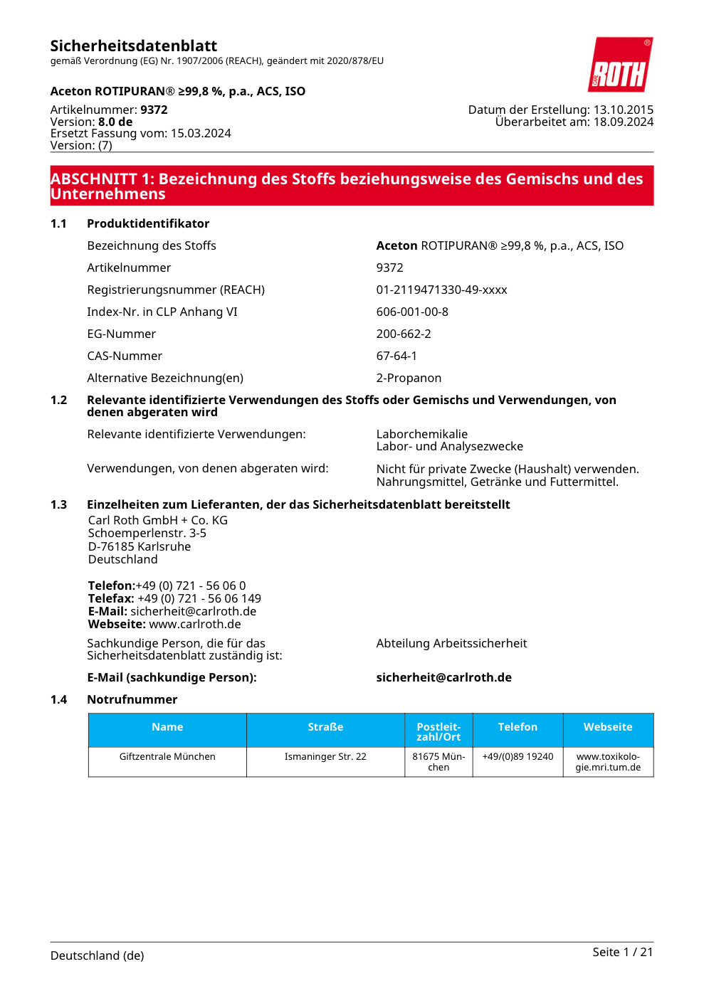 Erste Seite des Sicherheitsdatenblatts Aceton ROTIPURAN®